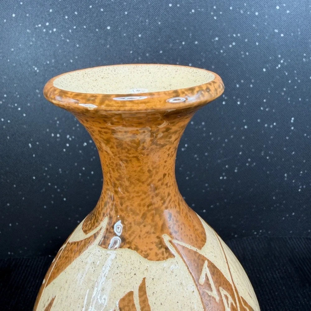 Frazer Signed Sgraffito Hummingbird Art Pottery Vase Ochre Green Purple 6 Inch